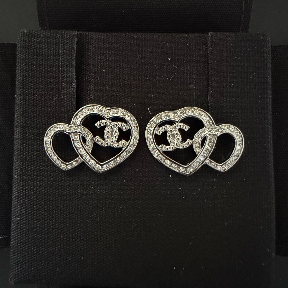CHANEL Silver Crystal Interlocking Heart Logo Earrings